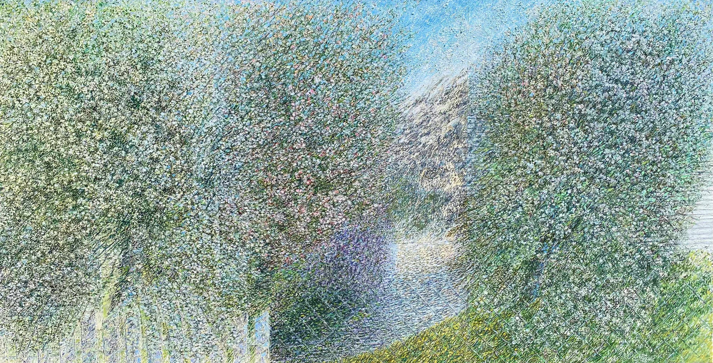 Bredt panorama-oljemaleri av en frukthave med blomstrende trær