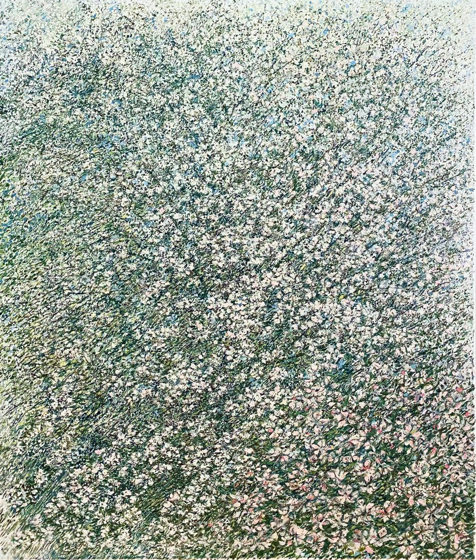 Oljemaleri av en hvit blomstrende busk i tett pointillistisk strøk