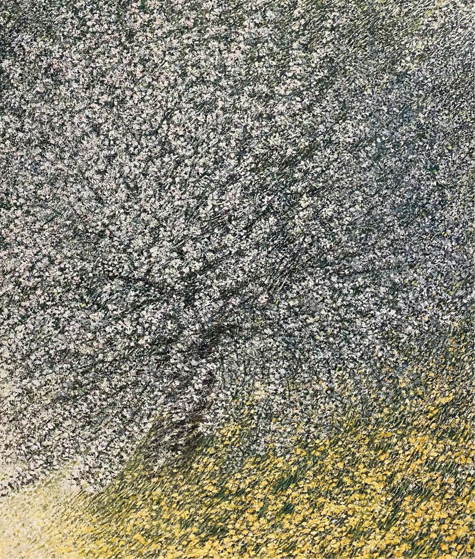 Oljemaleri av en tett blomstereng i grå og hvite toner med et felt av gule blomster nederst