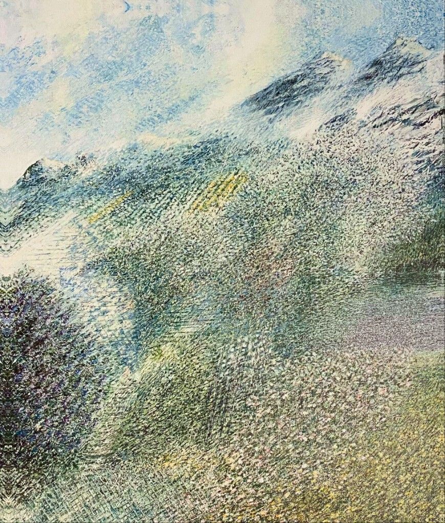 Oljemaleri av fjell i pastellfargede toner, impresjonistisk gjengivelse