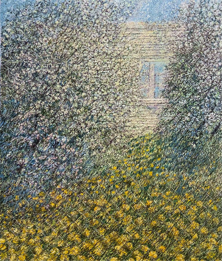 Oljemaleri av en hageport mellom blomstrende trær og en eng av gule blomster